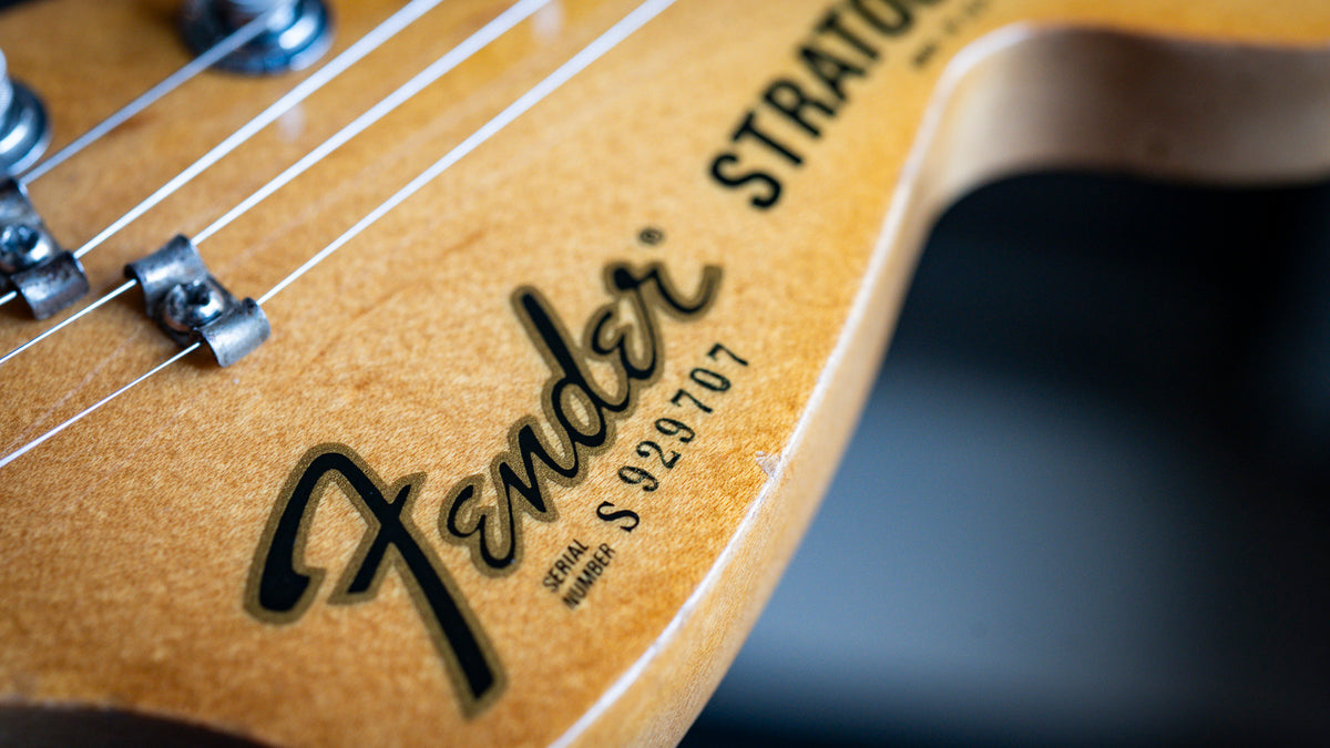 Close-up of vintage Fender Stratocaster decal