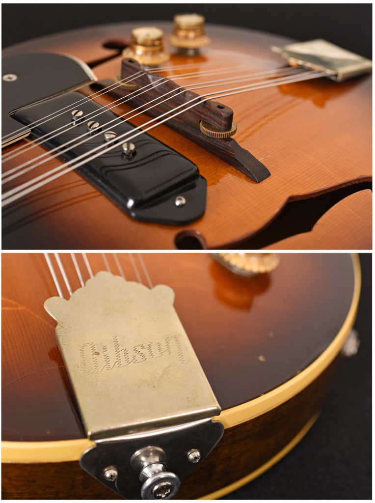 Bridge, pickup, f-holes and tailpiece of a vintage Gibson Electric Mandolin: 1962 Gibson EM-150