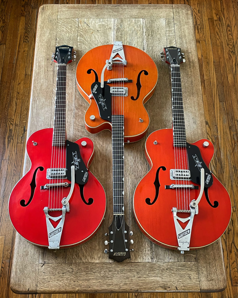 Three 1960 Gretsch 6119 vintage electric guitars.
