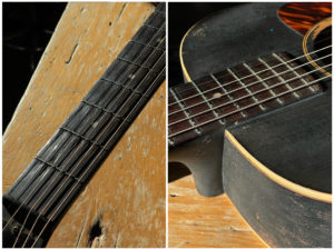 Images of the fretboard on a 1940 Gibson L-00 guitar in restoration