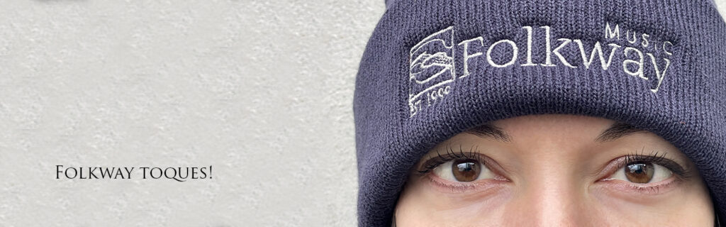 Brim of our Folkway-branded toques. This one is navy blue with mid-grey embroidered logo.